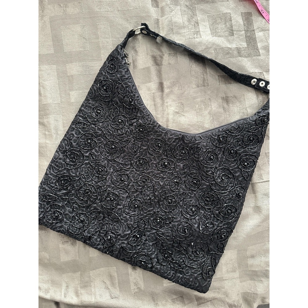 Shoulder Bag Womens Black Beaded Floral Rosette Hobo Purse Embroidered Evening